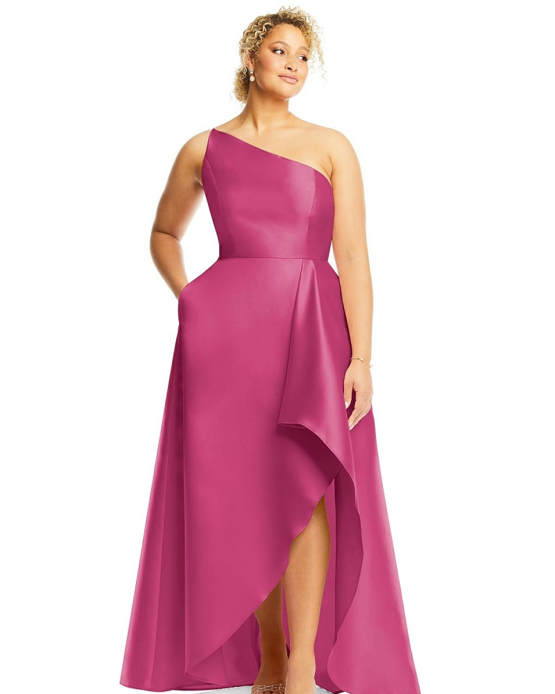 Front of a model wearing a size 20W One-Shoulder Satin Gown with Draped Front Slit and Pockets in Tea Rose by Alfred Sung. | dia_product_style_image_id:267136
